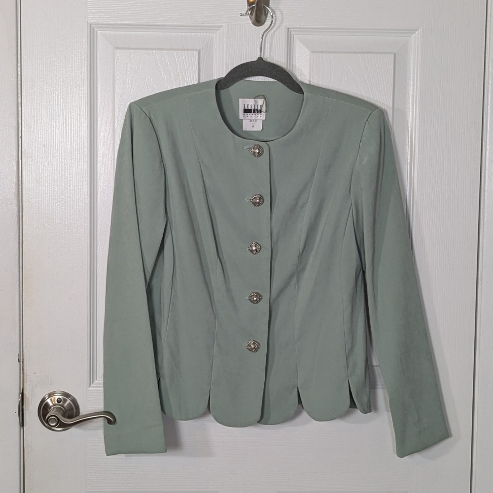 Vintage 80s Leslie Fay Faux Suede Sage Green‎ Scallop Hem Blazer Jacket Size 6P